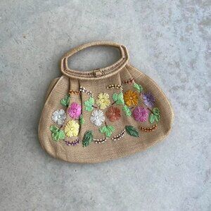 Vintage Woven Straw Bag Beachy Tote Bag Purse Flowers